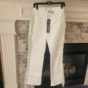 Signature Cream Fringe  White Wide-Leg Jeans with Side Tassels